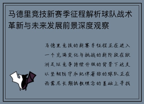 马德里竞技新赛季征程解析球队战术革新与未来发展前景深度观察